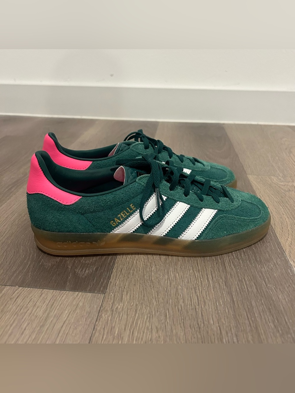 Adidas Originals Gazelle Green Suede Sneakers with White Stripes and Pink Heel